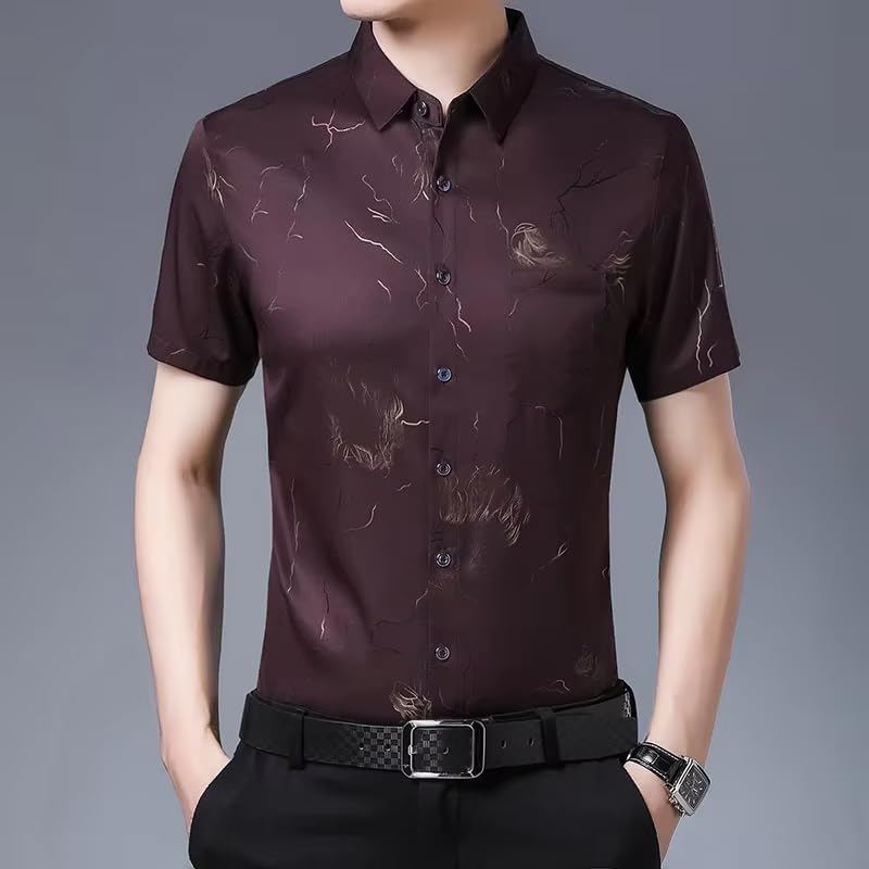 Men Summer Short Sleeve Print Silk Shirts Mens Casual Cotton Slim Fit T-Shirt