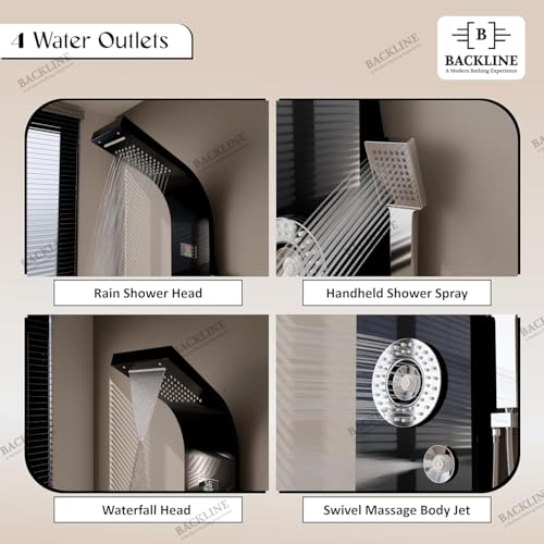 Image of Backline Stainless Steel 304 Grade Shower Panel For Bathroom 6 in 1 Shower With LED Rainfall Shower Panel | Body Massage | Overhead Shower | Body Jet | Hand Shower (Black Mirror Finish)