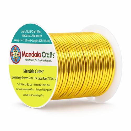Image of Mandala Crafts 14 Gauge Anodized Aluminum Craft Wire for Jewelry Making - 60 FT Colored Flexible Light Gold Tone Wire - Bendable for Bonsai Armature Crafting Sculpting