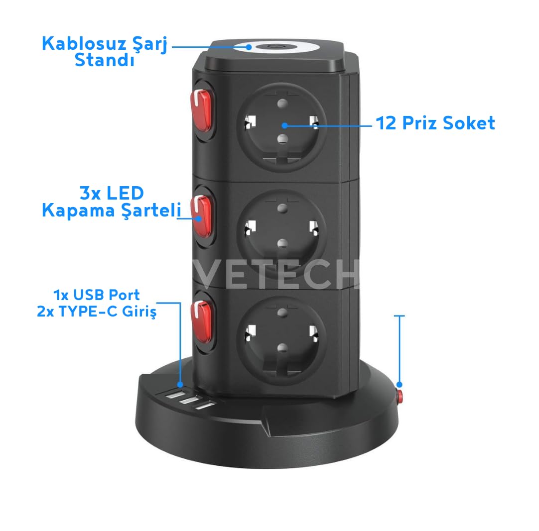 Vetech Akım Korumalı Priz Kule Tipi Kablosuz Şarj İstasyonu 12x Priz, 2x Type-C, 1x USB Girişli 2mt Kablo
