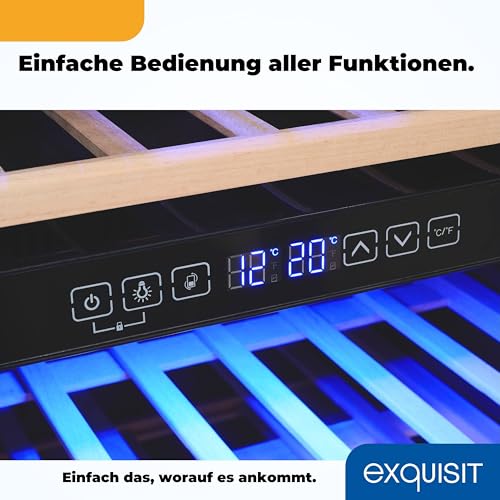 Exquisit Weinkühlschrank 2 Zonen, Platz für 78 Flaschen, 194 Liter, Umluftventilator, 9 Holzablagen, Digitale Temperaturanzeige, WS2-78-GTE-160G schwarz