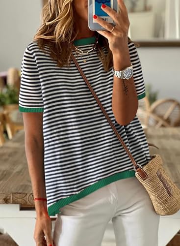 Image of Womens Short Sleeve Striped Color Block Crew Neck Sweater Shirt Lightweight Cotton Casual Summer Pullover Tops