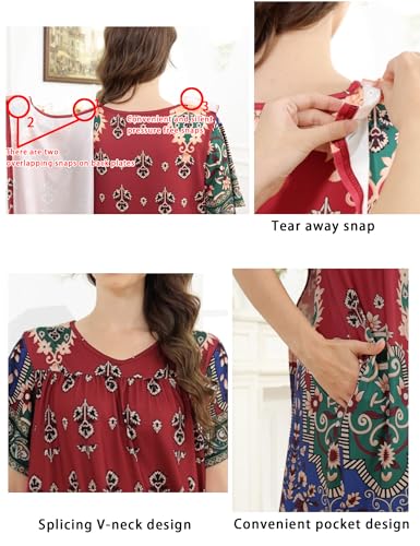 Image of Hospital Gowns for Women Open Back Tear Away Snap Post shoulder Dress Short Sleeve Soft Adaptive Clothing with Pockets