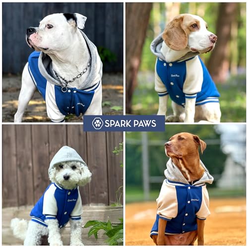 Image of Spark Paws Varsity Dog Hoodie - Premium Dog Sweater for Small, Medium, and Large Dogs | Warm Clothes for Pets, Winter Jacket Alternative - Blue - 5XL