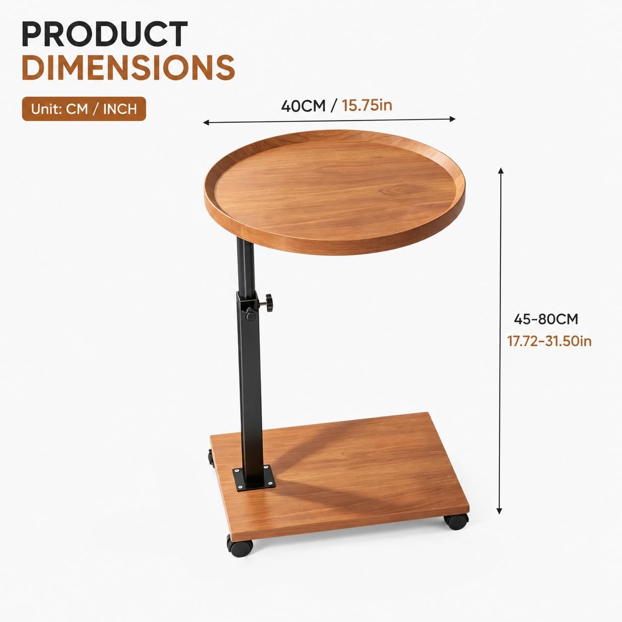 Tavolino Regolabile,Tavolino con Rotelle e Ruote Scorrevoli | Regolabile Altezza,Piano d'Appoggio Spazioso,Facile Spostare,Design Moderno per Spazi Ridotti(Natural,Round)