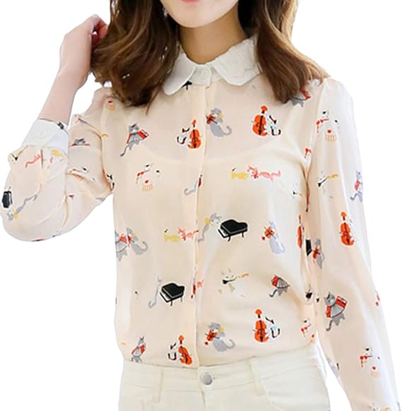 Amazon Asherangel シフォンシャツ レディース ブラウス ダウンシャツ 開襟シャツ 猫柄 マンガ小物 プリント 小柄 通勤 カジュアル かわいい ボタン 長袖 シャツ ブラウス 通販