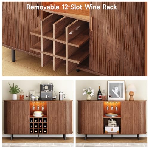 Image of ONBRILL 63 inch Wine Bar Cabinet with LED Light,Modern Liquor Whiskey Coffee Station with Wine Rack and Glass Holder, Farmhouse Buffet Sideboard with Storage for Living Room, Kitchen, Entryway (Walnut)