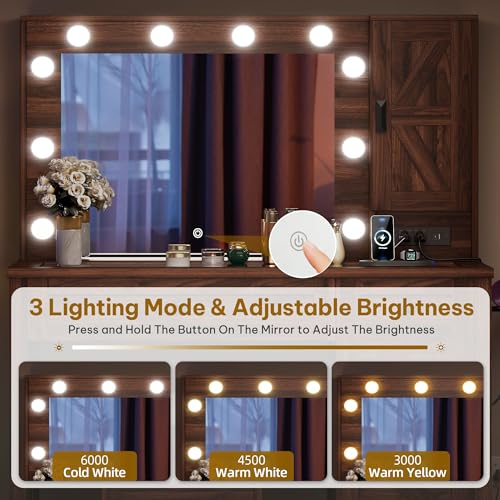 DWVO Farmhouse Makeup Vanity Desk with Mirror and Lights, 42'' Big Vanity Set with Stool, Glass Tabletop Vanity Table with 2 Drawers and Storage Shelves, Charging Station, 3 Lighting Colors, Brown