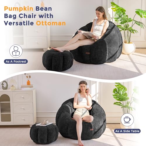 Image of MAXYOYO Giant Bean Bag Chair with Ottoman, Pumpkin-Shaped Bean Bag Sofa with Footstool, Oversized Boneless Couch Chair in a Box, Comfy and Lazy Lounge for Dorm, Living Room, Bedroom, Black
