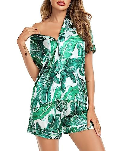 Image of SWOMOG Satin Matching Pajamas Sets Couple Silk Button Down Nightwear Women & Men Short Sleeve Sleepwear 2 Pieces Loungewear