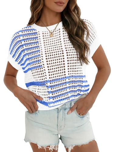 Fisoew Womens Short Sleeve Sweater Summer Striped Crochet Tops Crewneck Cap Sleeve Casual Knit Beach Vacation Vest Tops Blue