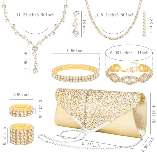 NEWITIN 9 Pieces Purse Rhinestone Jewelry Set for Women Prom Jewels Crystal Clutch Purse Necklaces Rings Bracelets Earrings Gold Jewelry Set for Women Bride2