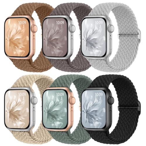 Image of 6 Pack Braided Stretchy Bands Compatible with Apple Watch Band 38mm 40mm 41mm 42mm 44mm 45mm 46mm 49mm Women Men, Adjustable Nylon Solo Loop Elastic Straps for iWatch Series 11 10 9 8 7 6 5 4 SE Ultra