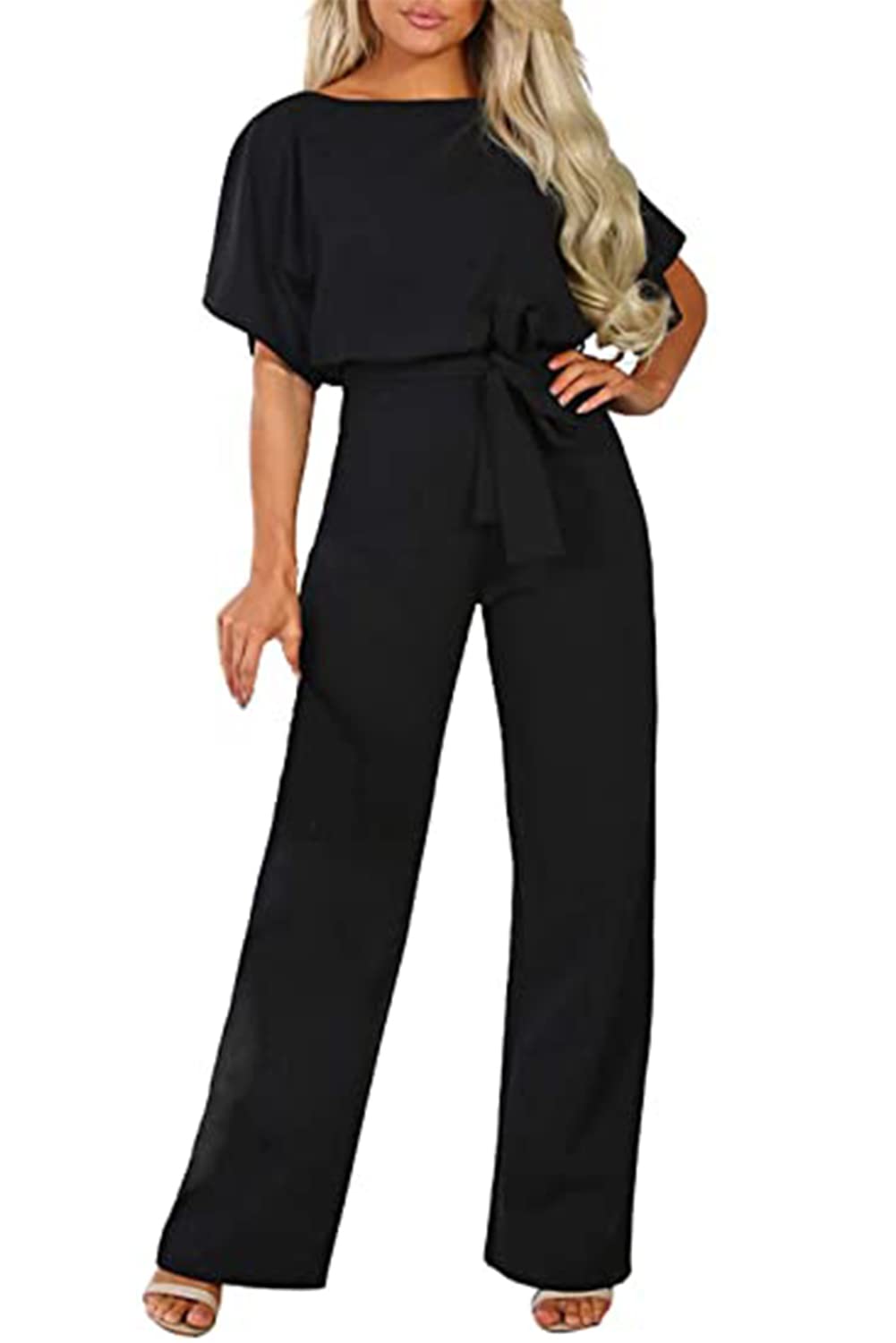 Damen Elegante Halbe Ärmel Laterne Ärmel Jumpsuit Mit Gürtel Weites Bein Hose Jumpsuit