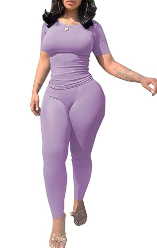 PINSV 2 Piece Sets for Women Summer Casual Jogger Workout Outfits Fitted Crew Neck T-shirt High Waist Legging Sets