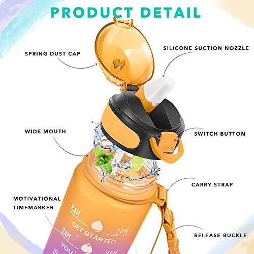 Image of Enerbone 32 oz Water Bottle with Times to Drink and Straw, Motivational Drinking Water Bottles with Carrying Strap, Leakproof BPA & Toxic Free, Ensure You Drink Enough Water for Fitness Gym Outdoor