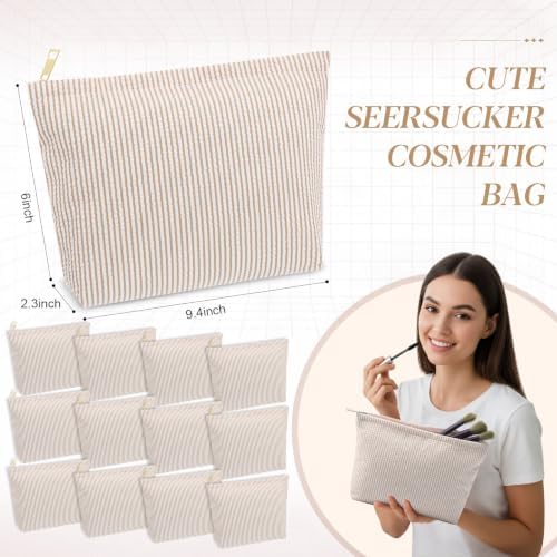 Sanwuta 12 Pcs Seersucker Makeup Bag for Women Stripe Cosmetic Bag Bulk Travel Toiletry Organizer Preppy Storage Pouch Zipper Purse Gifts for Wedding Bridesmaid Mom (Khaki)