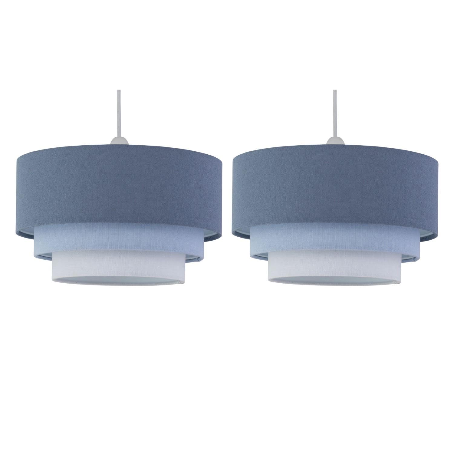 Firstchoicelighting Blue Set Of 2 Modern Ceiling Light Shades, Ombre Linen, Layered Design, Easy Fit Pendant Shades For Living Room Or Bedroom