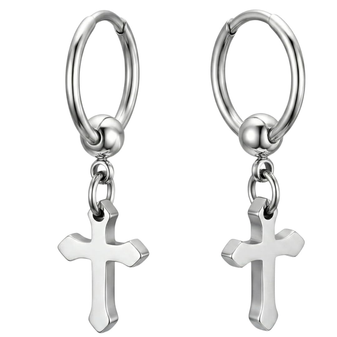 ARCADIA SILVER CROSS DROP - Titanium Steel Hoop Earrings for Men & Boys (2 Pcs)-image-49