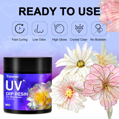 teexpert uv dip resin for wire flowers kit 100g crystal clear uv resin starter kit with 6 winding rods pliers 2pcs 31ft wires for jewelry making fast cure thick glue for diy flower decoration