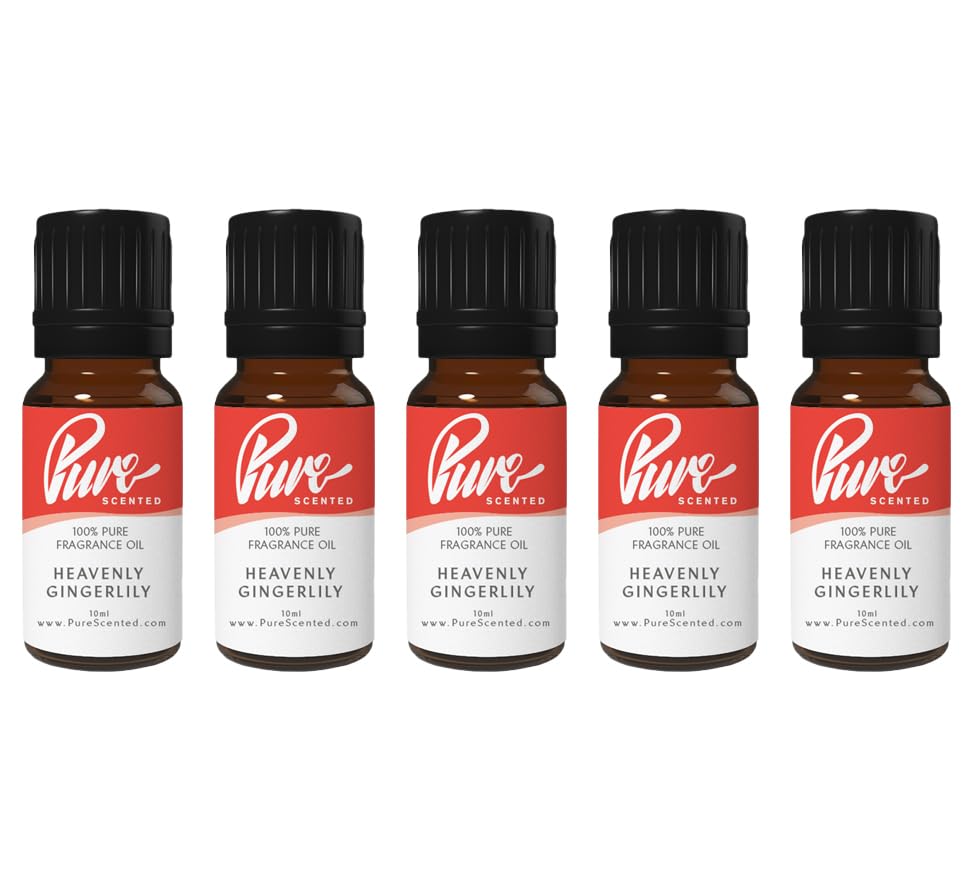 Pure Scented 50ml Fragrance Oils - 5 x 10ml Suitable for Candles, Soaps, Slime, Diffusers, Cosmetics, Wax Melts, Designer (5 x 10ml, Heavenly Gingerlily)
