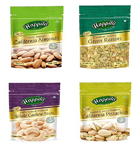 Image of Happilo 100% Natural Premium Californian Almonds, 200g + Happilo Premium Dry Fruits Combo 6 (California Almonds, Raisins, Whole Cashews, Roasted Pistachios)