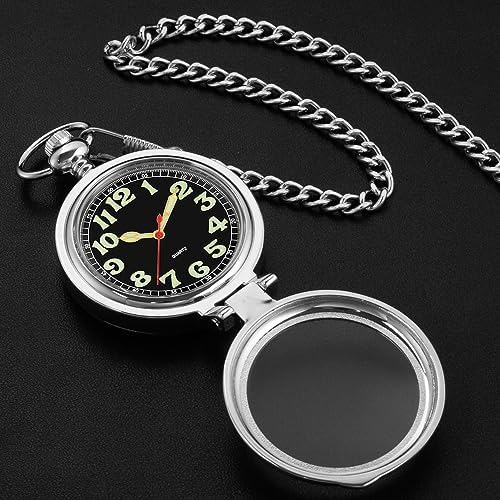 Tiong Silver/Black/Bronze Transparent Cover Quartz Pocket Watch Luminous Dial Stainless Steel Pocket Watch Gift for Men with Chain