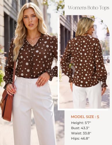 GRACE KARIN Womens Long Sleeve Boho Tops Ruffle Work Blouses Coffee L - image 4