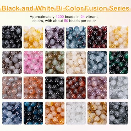 Image of XSEINO About 1200+ pcs 6mm Glass Beads Bracelet Making Kit, 24 Assorted Black and White Bi-Color Fusion Series Crystal Beads for Jewelry Making, DIY Crafts, Friendship Bracelets