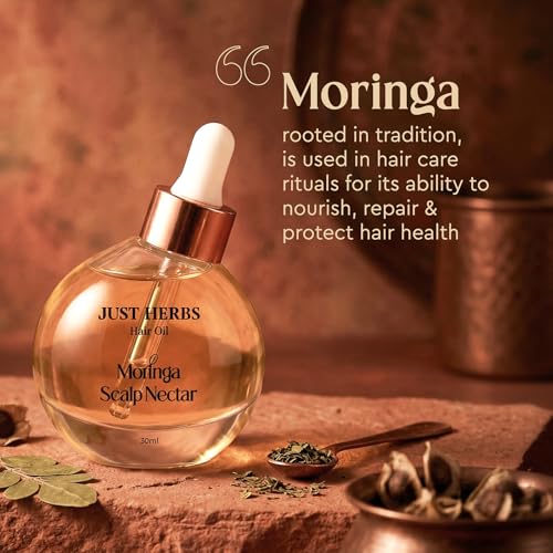 Image of Just Herbs Hair Oil Moringa Scalp Nectar | 99% Active Oil Infused | Silicone Free, Paraben Free, | Damage Repair, Hair Breakage | For hair growth Men & Women - 30ml