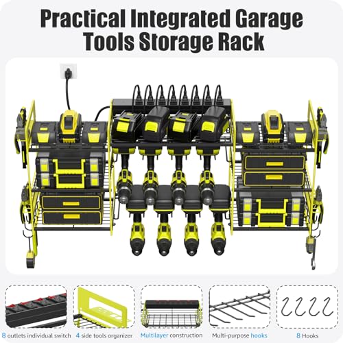CCCEI Green Power Tool Organizer Wall Mount, Large Tools and Battery Storage Rack Charging Station Individual Switches. Drills Holder, Garage Utility Shelves with 6FT Power Strip. Gift for Men. - Image 5