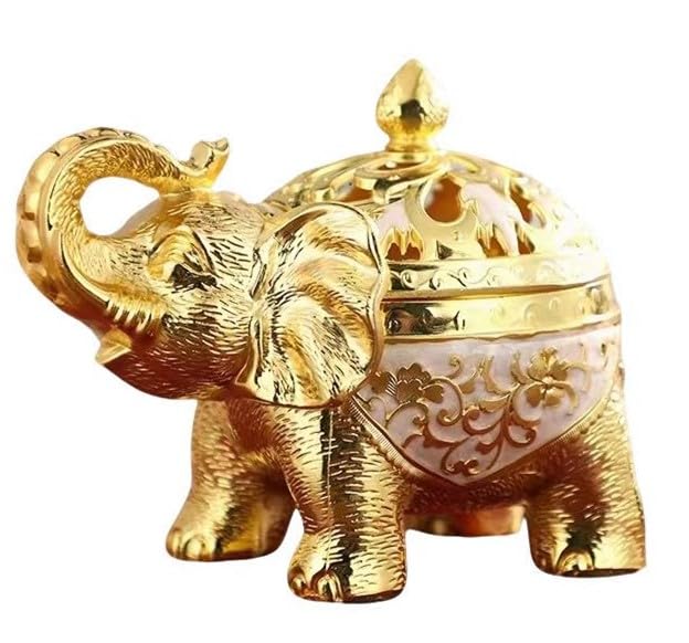 Vintage Incense Burner Elephant Metal Incense Burner Incense Holder with Lid for Home Office Yoga Hotel Decoration Gifts (Gold + White)