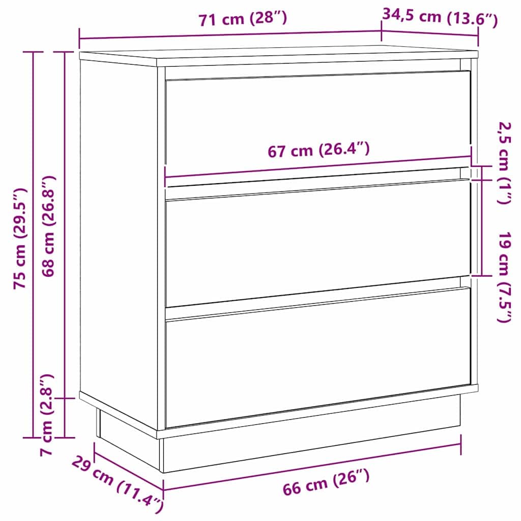 Nachttisch mit 3 Schubladen Grau 71 x 34,5 x 75 cm Holzwerkstoff Moderne Beistelltisch Kommode für Schlafzimmer und Kinderzimmer mit Stauraum, USB-Lichterkette, platzsparend
