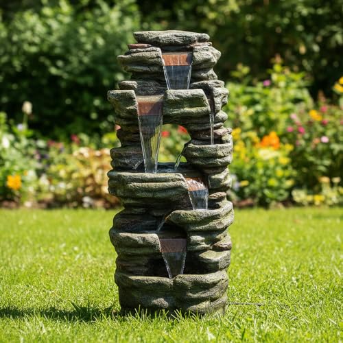 Image of SunJet 47.2 inch High Multi-Tiers Cascading Rock Outdoor Water Fountain with LED Lights - Large Outdoor Fountains and Waterfalls for Garden or Patio, Yard, and Deck Decor, Featuring Natural Stone Look