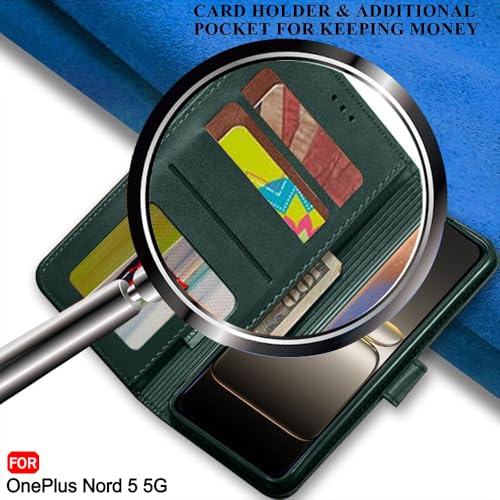 Image of TheGiftKart heGiftKart Genuine Leather Finish Flip Back Cover Case for OnePlus Nord 5 5G | Inbuilt Pockets & Stand | Wallet Style | Designer Button Magnet Flip Back Cover Case (Faux Leather, Green)