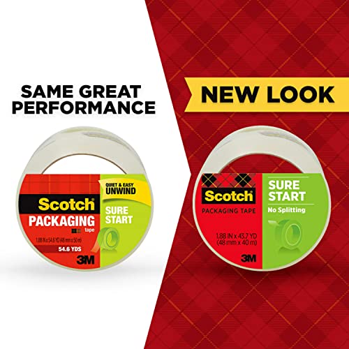 Scotch Sure Start Shipping Packaging Tape, 1.88" X 54.6 Yd, Designed For Packing, Shipping And Mailing, Quiet Unwind, No Splitting Or Tearing, 3" Core, Clear, 1 Roll (345) #TOP1