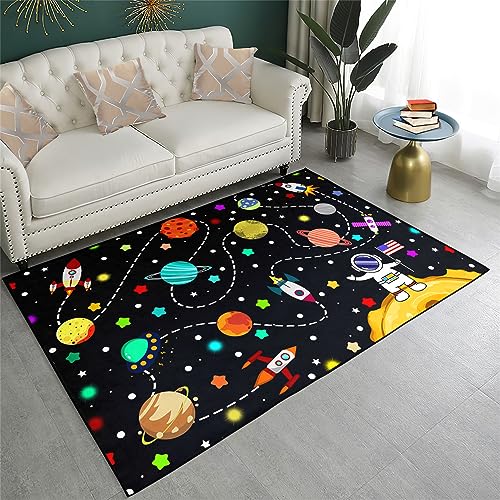 Space Area Rugs for Boys Bedroom - Cute Cartoon Planets Carpet Rug Indoor Sofa Floor Mats Solar System Space Theme Living Bedroom Dining Room Decor Crystal Polyester Area Rug Door Mats, 63" L x 47" W