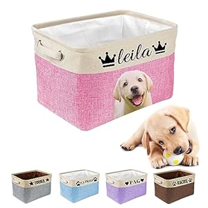 Buaodam Cesta Juguetes Perros Personalizado con Nombre de Mascota, Cajas Organizadoras con Asa, Adecuado para almacenar Juguetes para Mascotas, Suministros y Accesorios,15″x9.45″x10.24″,5 colores