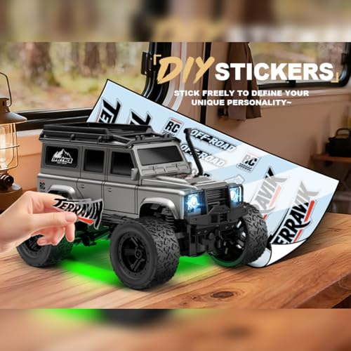 Image of 1 /64 Mini RC Car 2.4G Remote Control Crawler Truck with Trailer 4WD Off-Road All Terrain Vehicle with DIY Stickers, Full Proportional, 2 Speed Control, LED