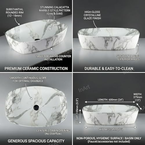 Image of Inart Ceramic Counter Top Wash Basin in Matt White Grey - Modern Design for Bathroom, Kitchen, Living Room - 60x37x13.5 cm (White Marble 5)