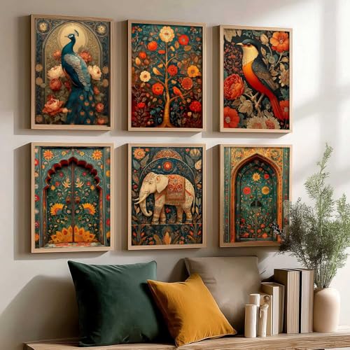 Image of kotart Madhubani Art Wall Painting Traditional Vastu Peacock Home Decoration With Frame For Living Room Bed Room Hotel Wall Decor Digital Reprint Set of 6 (10X13 inch)