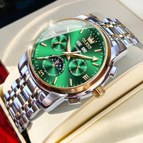 Image of OLEVS Analog Men Green Dial Gold Band Watches Automatic,Two Tone Stainless Steel Watch,Day Date Mechanical,Waterproof Swiss Wrist Watch ,OLEVS Self Winding Luminous Business Large Tourbillon Watch