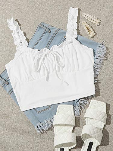 Verdusa Women's Frill Trim Strap Tie Knot Ruched Front Bustier Crop Top White M #TOP2