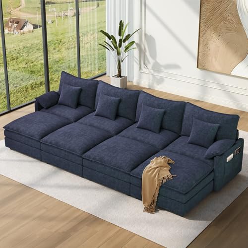 Image of Vesgantti 142 inch Oversized Sectional Sofa Bed, 8-Seater Modular Sleeper Cloud Couch with Movable Ottoman, Chenille Convertible Sofa Set Deep Seat Couches for Living Room, Bedroom and Apartment, Blue