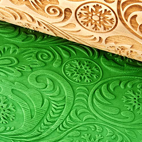 Embossed Wooden Rolling Pin, Engraved Embossing Rolling Pins with Christmas Snowflake Flower Pattern for Baking Cookies, Kitchen DIY Tool for Kids Adults (39cm/15.35inch) - Thumbnail 2