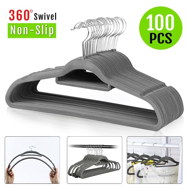 Yaheetech Lot de 100 Cintres en Velours Antidérapants, Longeur 45cm, avec Barre de Cravate，Cintres Peu Encombrants pour Costumes/Chemises/Robe/Pantalon, Gris