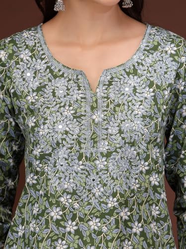 Image of Women Cotton Floral Printed Casual Straight Embroidery Kurta | Formal Kurti for Women