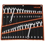 VEVOR Combination Wrench Set, 32-Piece SAE and Metric, 12-Point Box End and 15° Angled Open End Combination Wrenches with Roll Up Pouch, Carbon Steel, for General Household and Automotive Repairs