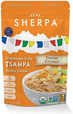 Peak Sherpa Tsampa Cereal, Toasted Coconut Flavor, Pack of Six 10 Ounce Pouches, Ready to Eat, Certified Organic, Sprouted & Roasted Whole Grain Barley Cereal