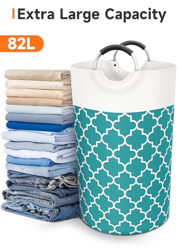 Fabspace Large Laundry Basket Laundry Hamper Bag Washing Bin Clothes Bag Collapsible Tall With Handles Waterproof Travel Bathroom College Essentials Storage For College Dorm, Family (Green)82L
